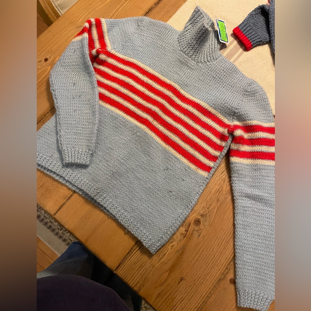 Kids light blue vintage Sweater with Red and Cream Stripes